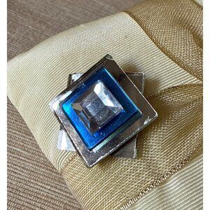 Vintage Geometric Brooch Pin With Blue & Clear Acrylic Layered Design Tiny